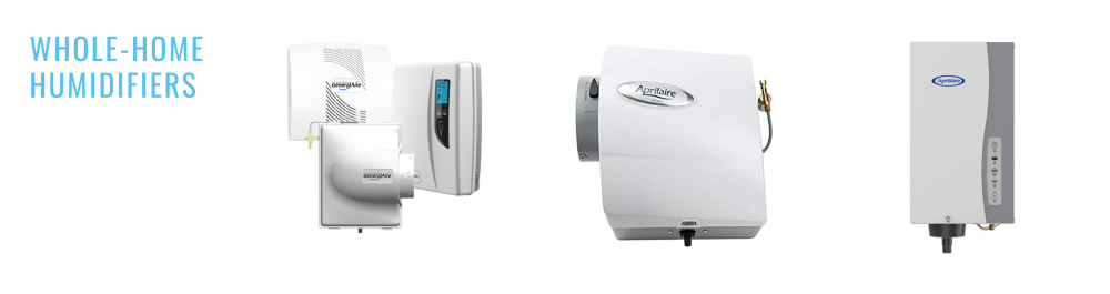 A panel of three examples of whole-home humidifier devices adding moisture to the air before it is distributed throughout the home. Just like air purifiers, these humidifiers can be integrated into your existing HVAC system and ductwork to greatly improve indoor air quality.