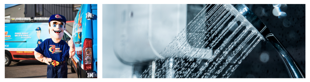 Action Furnace's friendly mascot gives a thumbs-up beside professional work vehicles, showcasing the company's expertise in water heater installation
Modern, energy-efficient electric water heater with temperature control and professionally installed rain shower head, ideal for eco-conscious home upgrades.