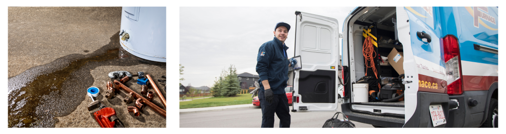 Close-up of water leaking from a plastic faucet on a residential electric water heater, with tools for repair nearby.
Action Furnace technician standing beside an open work van, arriving on-site to service a water heater.
