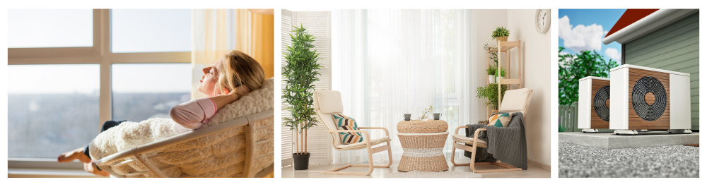 Woman enjoying a moment of relaxation on a couch by the window, with sunlight streaming in.
Stylish modern veranda featuring cozy armchairs and a coffee table, creating a bright, warm, and refreshing atmosphere.
Air conditioning units installed outside the house, positioned near the wall for efficient cooling.