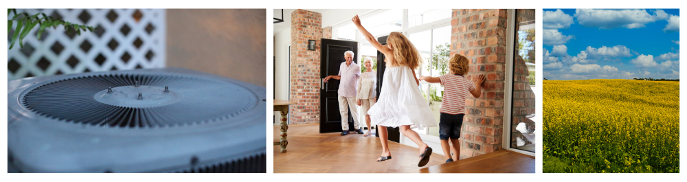 Outdoor air conditioning unit positioned in the shade for optimal efficiency. Highlighting the common ac installation mistake of incorrect placement.
Siblings eagerly greet their visiting grandparents, enjoying the well-ventilated and bright atmosphere of their home.
Scenic landscape of a canola field under a clear blue sky in rural Alberta, west of Edmonton.