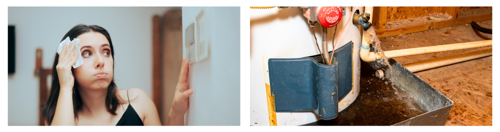Woman feeling hot and uncomfortable, holding a tissue to her forehead next to a broken thermostat.
Water gushing from a water heater drain, showing leaks and rusty water as common signs of a water heater issue.
