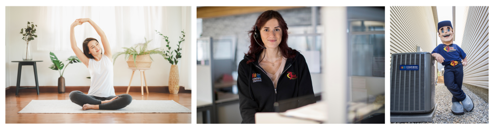 A smiling woman practices yoga on a mat in a bright living room, with plants behind her, creating a minimal and fresh atmosphere that reflects home comfort.
A friendly Action Furnace customer service representative, wearing a branded hoodie and headset in the office, emphasizes the importance of selecting the right-sized home cooling system and ensuring top-quality installation—trust the expertise of Action Furnace's Home Comfort Advisors. When you trust our team you'll help avoid common ac installation mistakes.
The Action Furnace mascot stands smiling next to an outdoor air conditioner compressor unit, symbolizing the importance of regular maintenance and trusting the professionals at Action Furnace to keep your system running at its best.