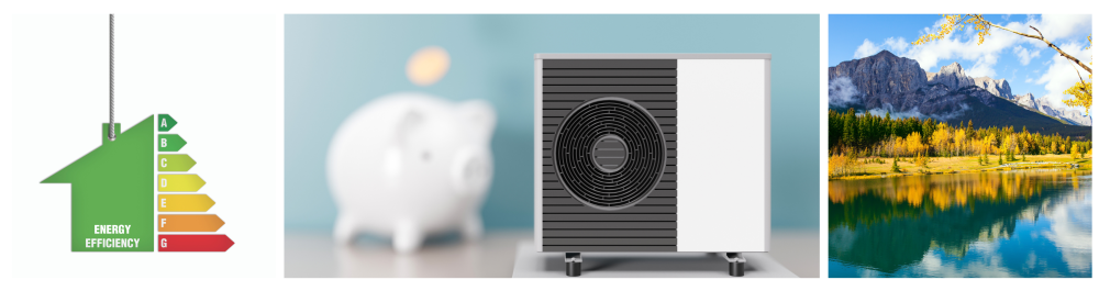 Energy efficiency diagram illustrating heat pump performance, highlighting cost savings, energy reduction, and long-term environmental benefits.
Air source heat pump with a piggy bank on a blue background, symbolizing environmentally friendly heating and cost-saving solutions.
Bright autumn forest reflected in calm water in the Canadian Rockies, representing Action Furnace’s commitment to providing reliable home comfort solutions in Alberta since 1975