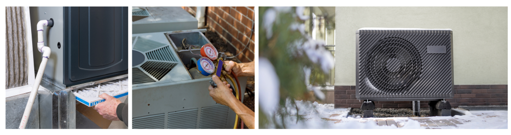 Homeowner replacing a dirty furnace filter, emphasizing the importance of regular maintenance for optimal heat pump performance.
Air conditioning technician preparing and servicing an air conditioning unit, illustrating the need for routine maintenance to keep systems running efficiently.
Modern air source heat pump installed against the exterior wall of a residential building during winter, showcasing its year-round functionality and energy efficiency.