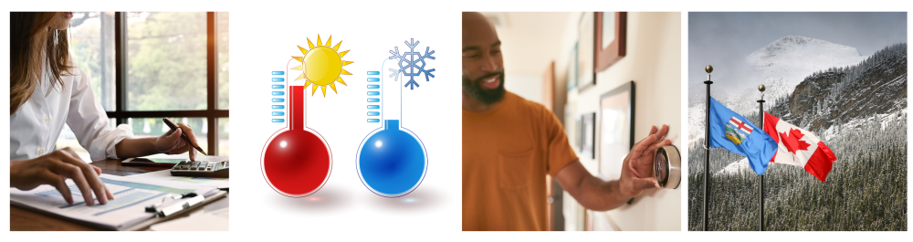 Woman sitting at a desk calculating bills at home, highlighting the energy efficiency and cost savings of heat pumps compared to traditional heating systems.
Red and blue thermometers side by side, featuring a hot sun and cold snowflake, symbolizing the versatility of heat pumps for both heating and cooling in a single system.
Touchscreen display of an intelligent home automation system used for remotely controlling house temperature, showcasing wireless energy-saving technology.
Canada and Alberta flags waving in the snowy Rocky Mountains, representing Action Furnace's expertise in installing cold climate, air source, and ducted heat pumps.