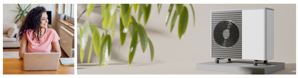 Young woman working from her home office, symbolizing a comfortable and energy-efficient living space with proper heating and cooling solutions.
Air source heat pump against a beige background, representing modern, environmentally friendly heating and renewable energy efficiency.