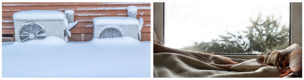 Two residential heat pumps covered in snow outside, with a metal roof gutter system and drainage components in place to ensure efficient water flow.
A blanket draped over the windowsill beneath the window, with fir branches scattered in the snow.