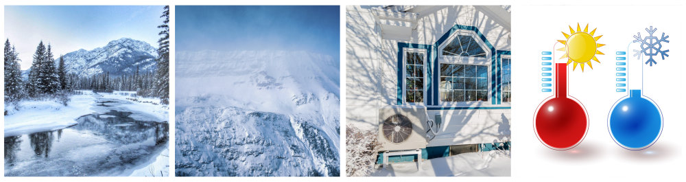 Beautiful Bow Valley in Banff, Alberta, covered in snow.
Snow-covered mountains in Alberta, Canada.
Heat pump unit on the side of a home in winter.
Red and blue thermometers with a hot sun and cold snowflake, illustrating the dual benefits of heating and cooling in one heat pump.