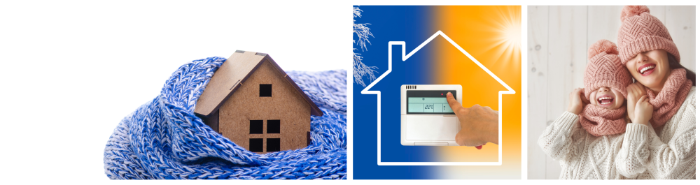 A model of a house with a knitted fabric wrap, symbolizing warmth, set against a white background.
The heating and cooling concept is split into two themes: the left side features blue winter tones, while the right side showcases warm summer hues. A close-up of a person adjusting the thermostat at home.
A mom and child, both dressed in knitted hats and sweaters, playing and laughing together.