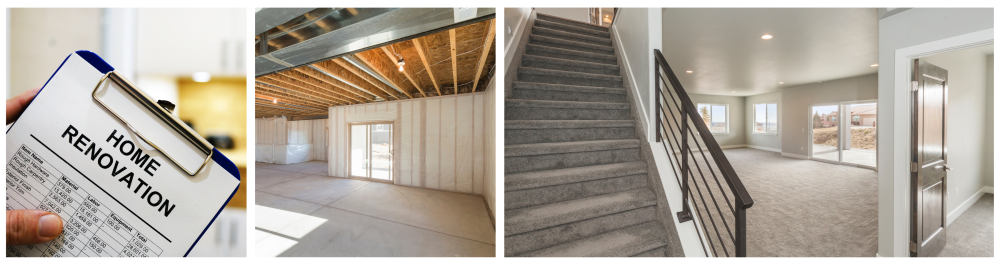 Clipboard with home renovation cost estimate.
Unfinished basement with plans for modern upgrades.
Modern stairway with metal railing leading down to the finished basement, featuring bright lighting. To ensure the basement or secondary suite meets legal standards, it must comply with requirements such as proper window size, exits, and minimum ceiling heights for approval.