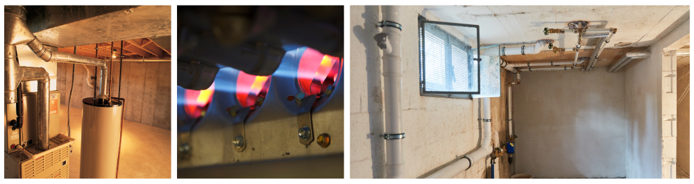 Gas furnace and air conditioning unit for hot water heating system.
Close-up of a gas-powered heating furnace in operation.
A damp boiler room being ventilated through a cellar window after a pipe burst and subsequent renovation.