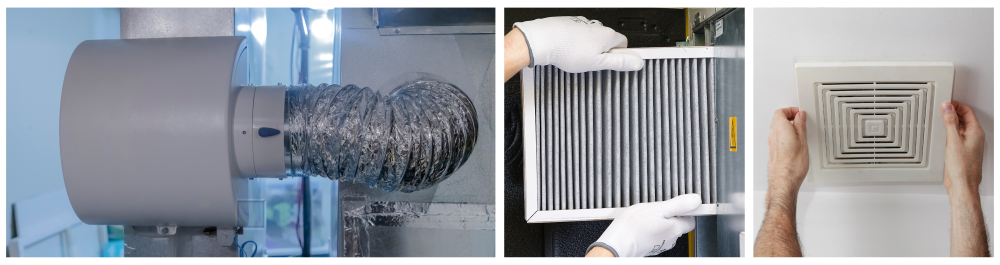 Whole-home, high-output furnace humidifier installed in the basement.
Replacing the filter in the central ventilation system of the home’s central air system.
Removing the air duct cover from the ceiling for maintenance in the home.