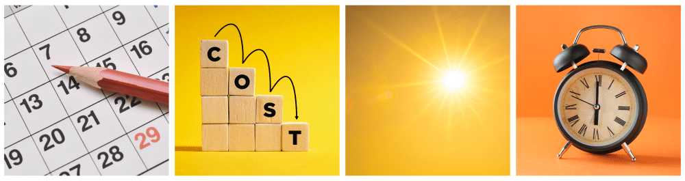 Schedule of events emphasizing the importance of booking an AC tune-up.

Descending wooden blocks spelling 'cost,' symbolizing decreasing expenses.

Summer scene with an orange sky and glowing sun, highlighting the best time to schedule an AC tune-up during the offseason.

Alarm clock on an orange background, illustrating that AC tune-ups typically take about an hour to complete.